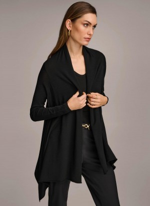 Black Donna Karan Long Sleeve Drape Cardigan Sweaters and Tops | Israel_DK37924