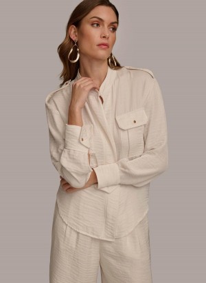 Cream Donna Karan Button Up With Pockets Sweaters and Tops | Israel_DK73103