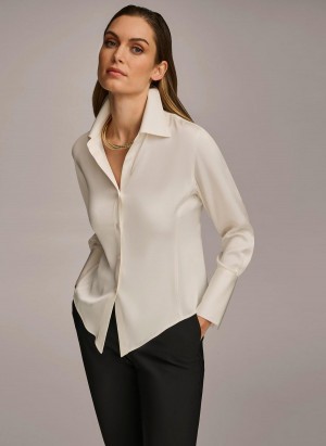 Cream Donna Karan Collared Button Down Blouse Sweaters and Tops | Israel_DK38507