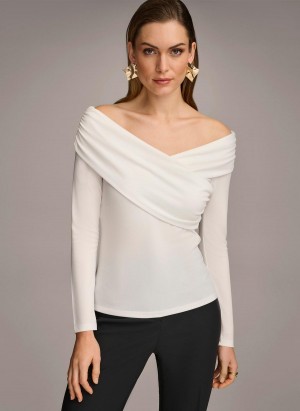 Cream Donna Karan Off Shoulder Wrap Sweaters and Tops | Israel_DK51789