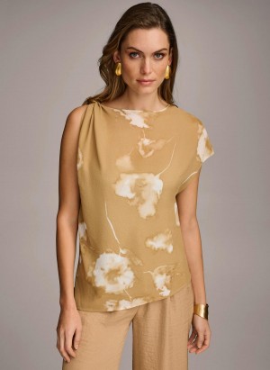 Gold Cream Donna Karan Printed Gathered Hardware Shoulder Sweaters and Tops | Israel_DK89220