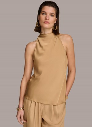 Gold Donna Karan High Drape Neck Sweaters and Tops | Israel_DK52705