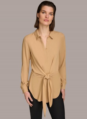 Gold Donna Karan Long Sleeve High-low With Tie At Waist Sweaters and Tops | Israel_DK98105