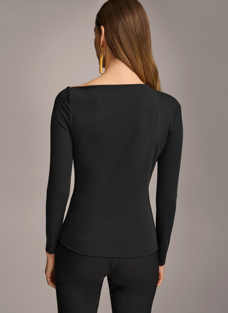 Black Donna Karan Asymmetrical Neckline Fitted Sweaters and Tops | Israel_DK14379