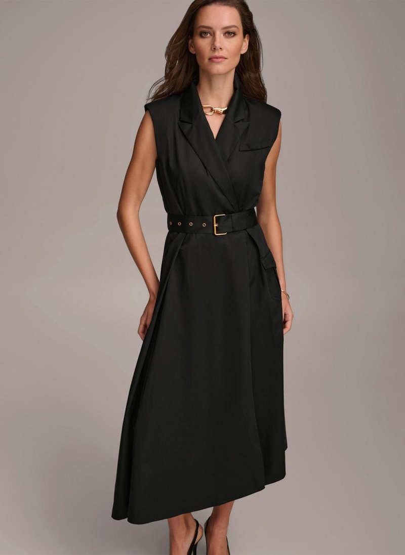 Black Donna Karan Belted Asymmetrical Dress | Israel_DK96469