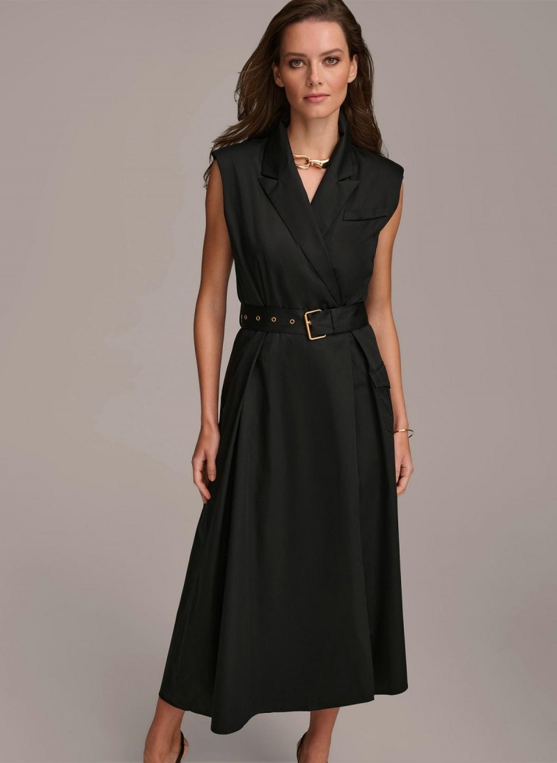 Black Donna Karan Belted Asymmetrical Dress | Israel_DK96469