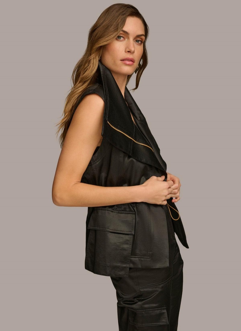 Black Donna Karan Belted Vest Outerwear | Israel_DK49698