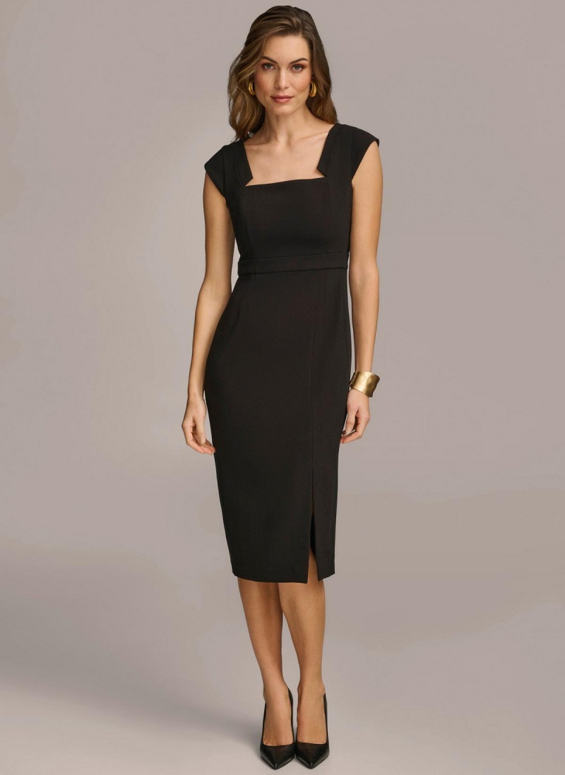 Black Donna Karan Cap Sleeve Square Neck Sheath With Slit Dress | Israel_DK47246