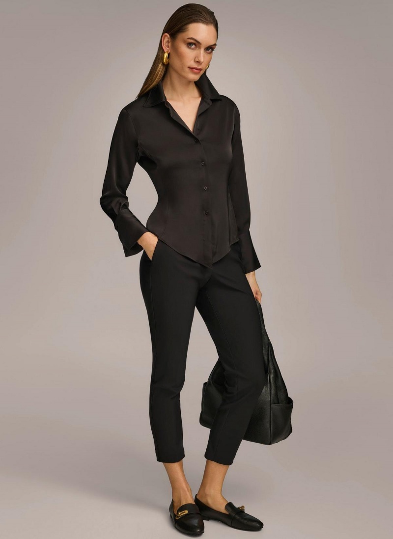 Black Donna Karan Collared Button Down Blouse Sweaters and Tops | Israel_DK76228