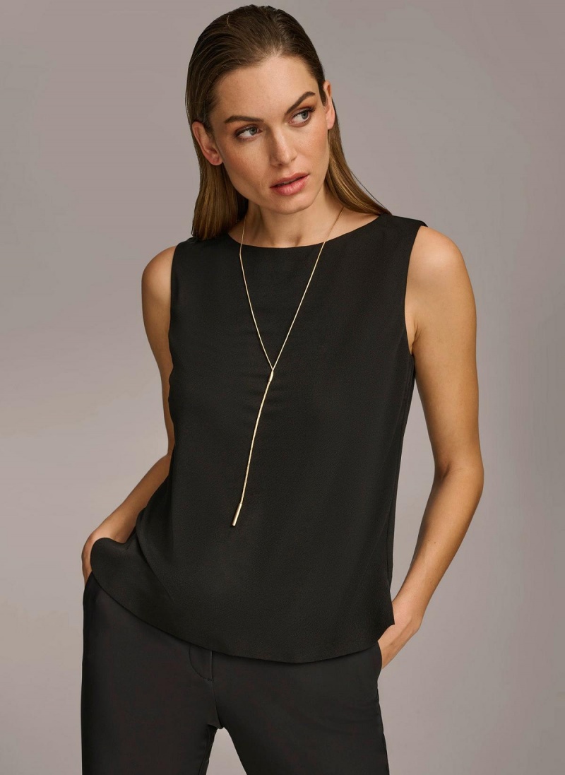 Black Donna Karan Crew Neck Layering Knit Sweaters and Tops | Israel_DK65791