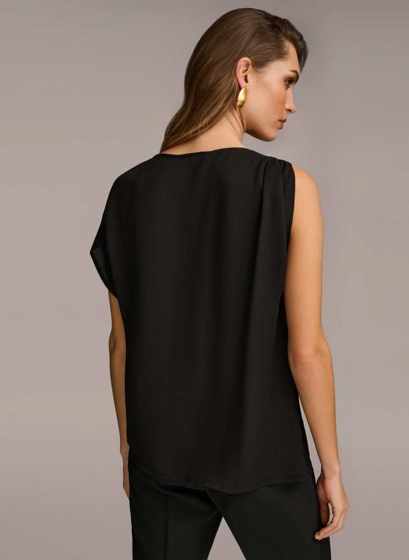 Black Donna Karan Gathered Hardware Shoulder Sweaters and Tops | Israel_DK73854