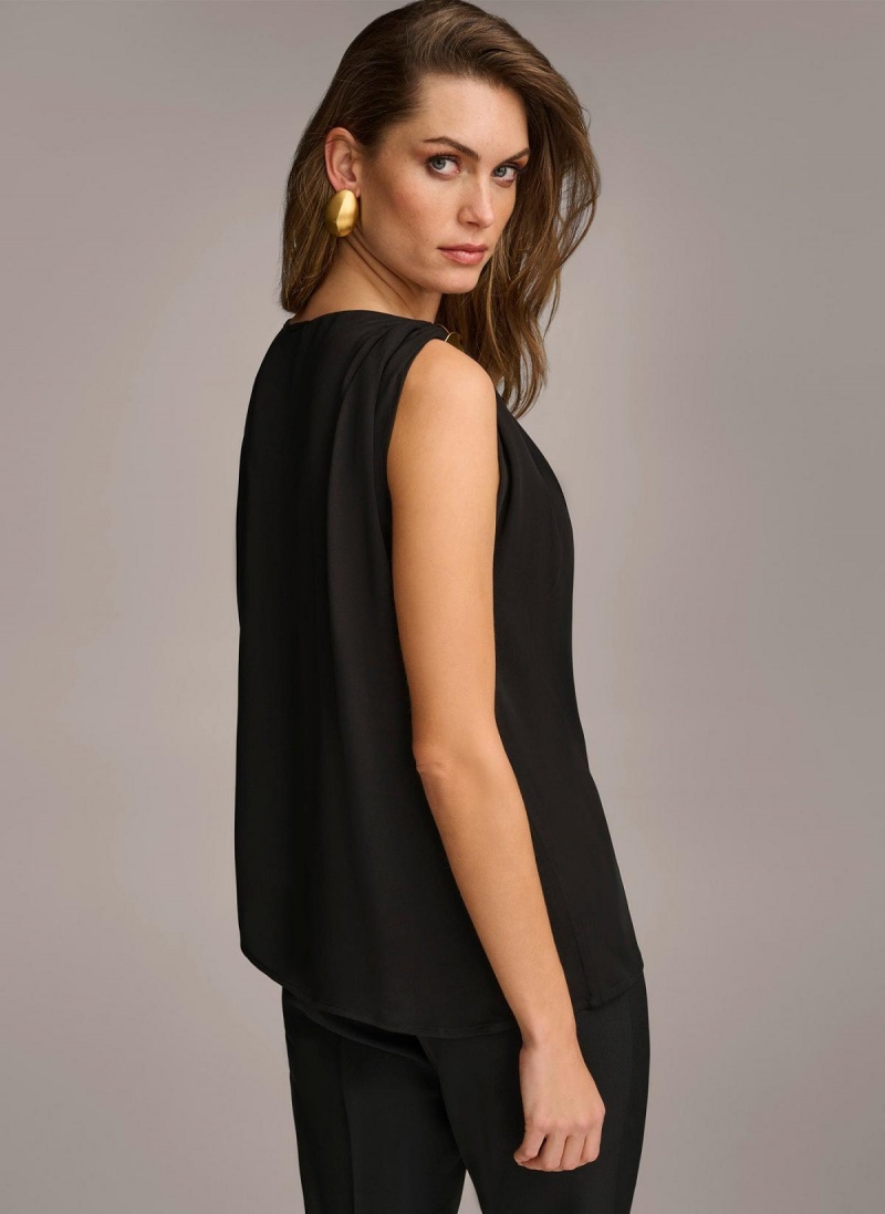 Black Donna Karan Gathered Hardware Shoulder Sweaters and Tops | Israel_DK73854