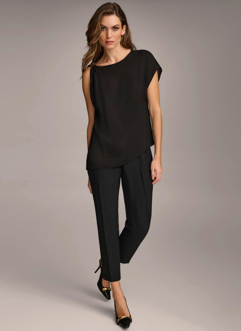 Black Donna Karan Gathered Hardware Shoulder Sweaters and Tops | Israel_DK73854