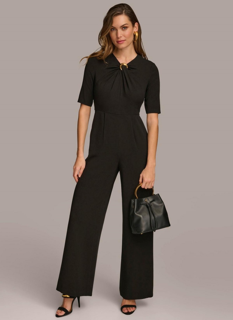 Black Donna Karan Half Sleeve Twist Neck Jumpsuit | Israel_DK96841