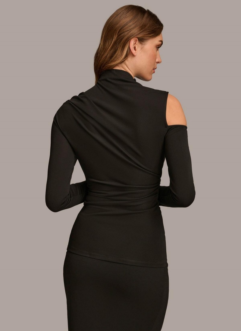 Black Donna Karan Mock Neck With Cold Shoulder Sweaters and Tops | Israel_DK33114