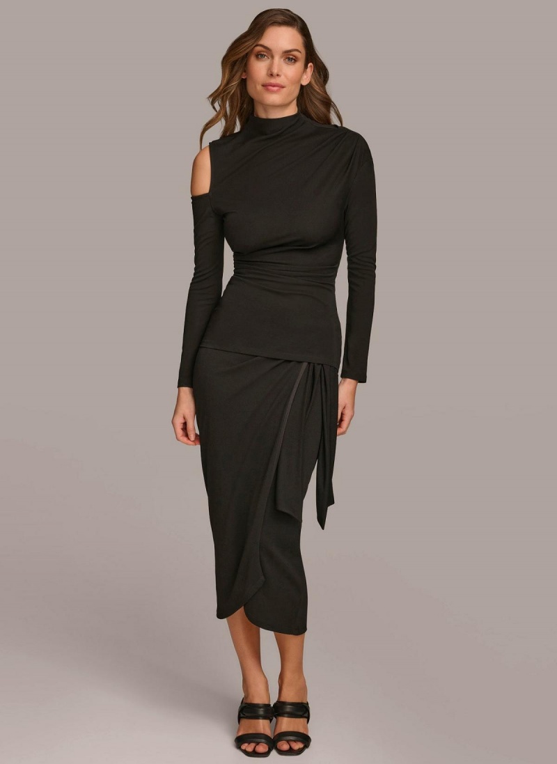 Black Donna Karan Mock Neck With Cold Shoulder Sweaters and Tops | Israel_DK33114