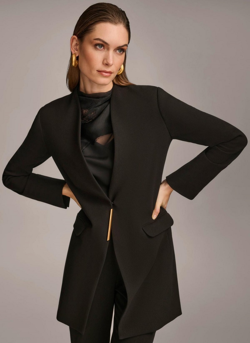 Black Donna Karan One Button Collarless Topper Jacket | Israel_DK59394