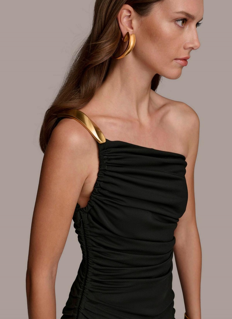 Black Donna Karan One Shoulder Ruched Dress | Israel_DK11563