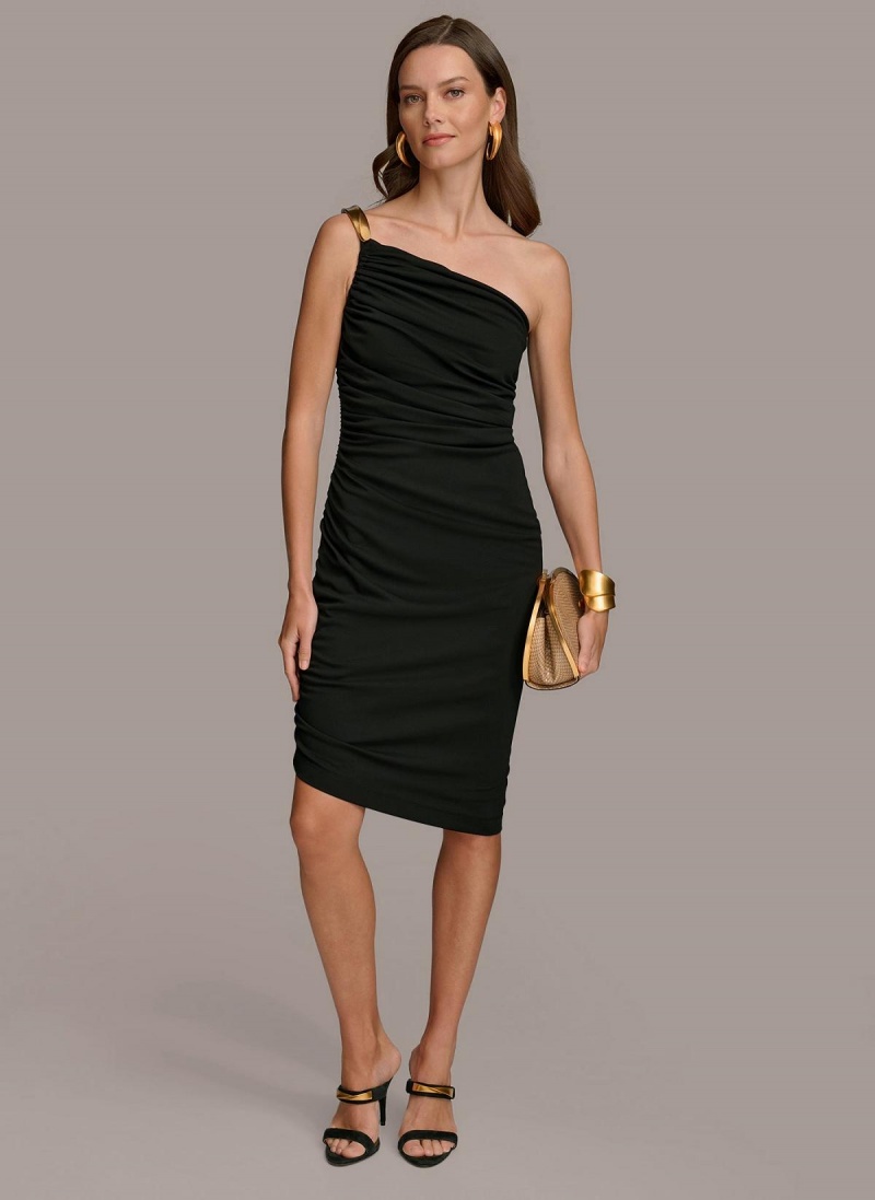 Black Donna Karan One Shoulder Ruched Dress | Israel_DK11563