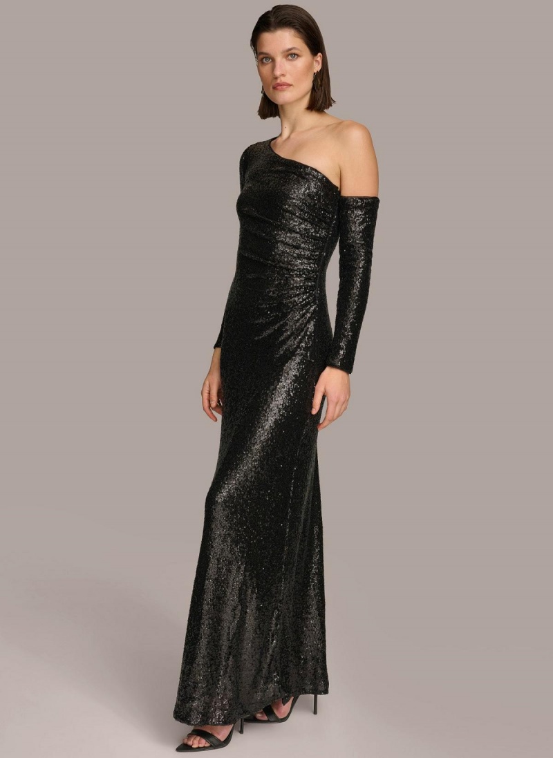 Black Donna Karan One Shoulder Sequin Dress | Israel_DK33026