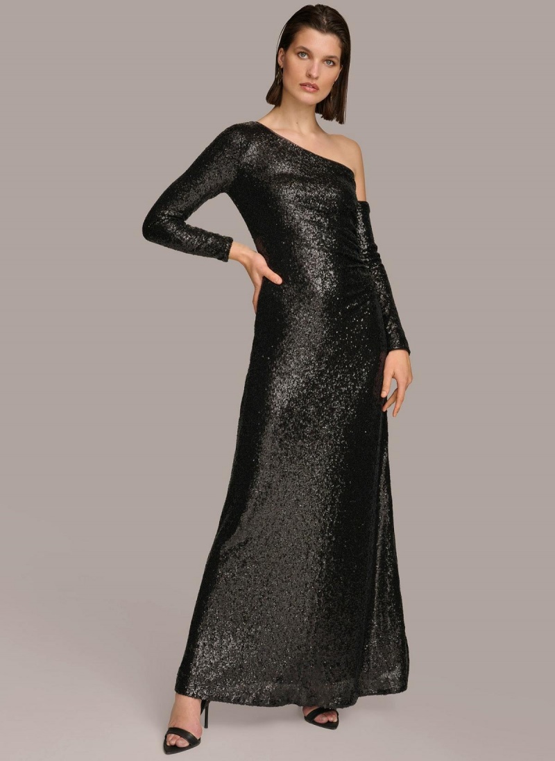 Black Donna Karan One Shoulder Sequin Dress | Israel_DK33026