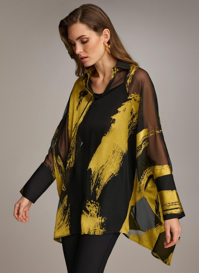 Black Donna Karan Print Collared Tunic Sweaters and Tops | Israel_DK85043