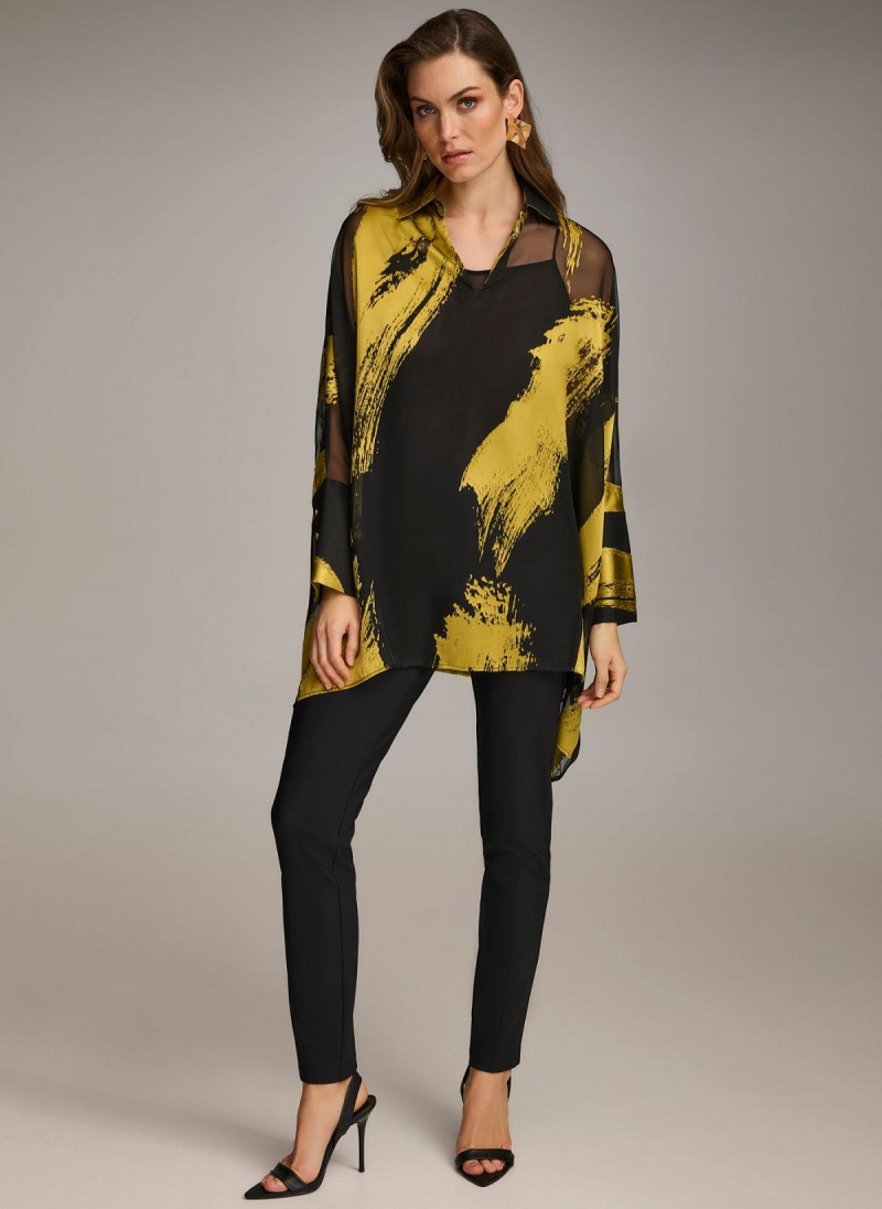 Black Donna Karan Print Collared Tunic Sweaters and Tops | Israel_DK85043