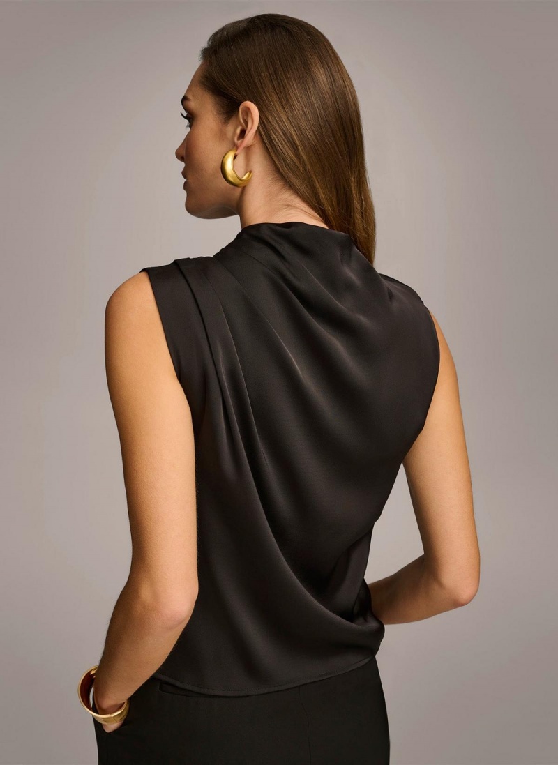 Black Donna Karan Sleeveless Draped Mockneck Sweaters and Tops | Israel_DK24383