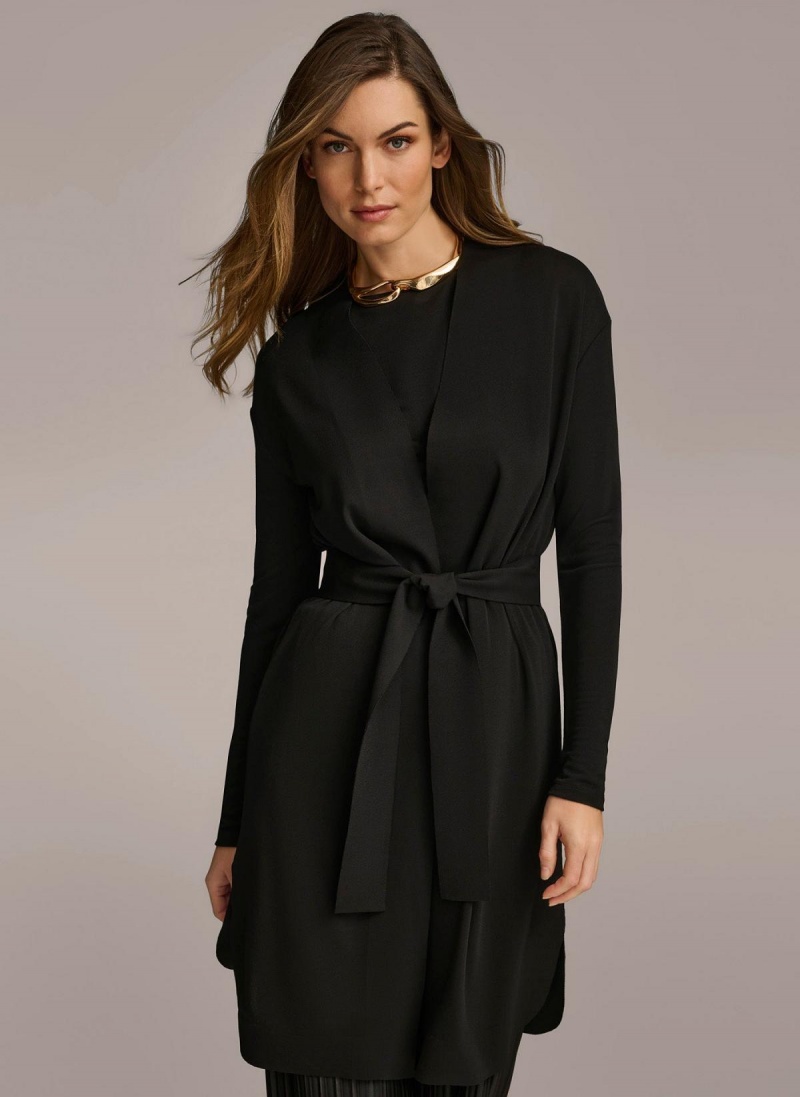 Black Donna Karan Tie Waist Cardigan Sweaters and Tops | Israel_DK35787