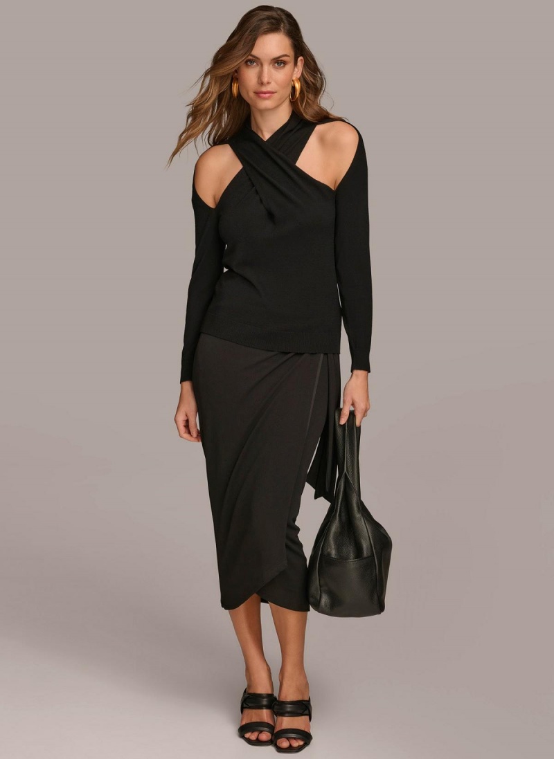 Black Donna Karan Twist Front Sweaters and Tops | Israel_DK95789