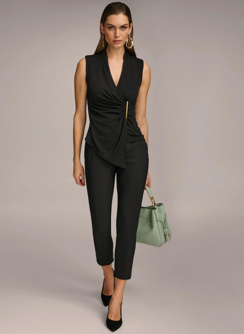 Black Donna Karan V-neck With Hardware And Ruched Detail Sweaters and Tops | Israel_DK11979