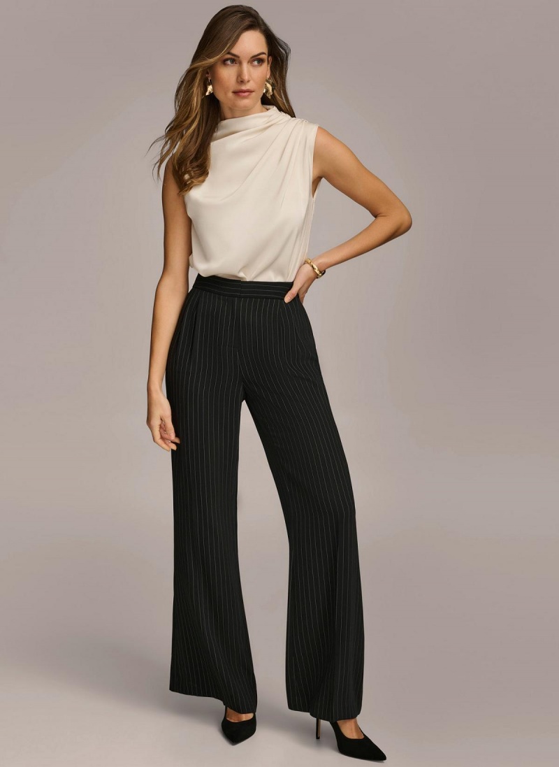 Black Donna Karan Wide Leg Pinstripe Pants | Israel_DK87721