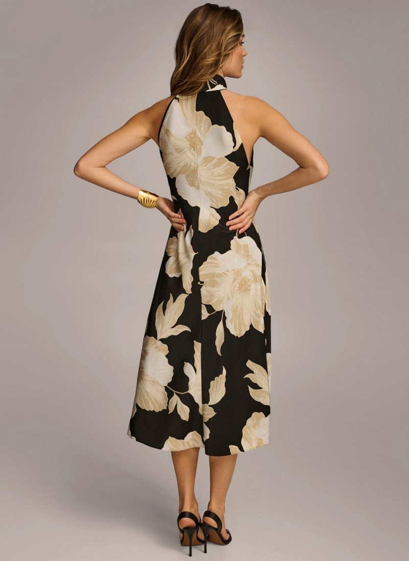 Black / Cream Donna Karan Halter Floral Print Midi Dress | Israel_DK67455