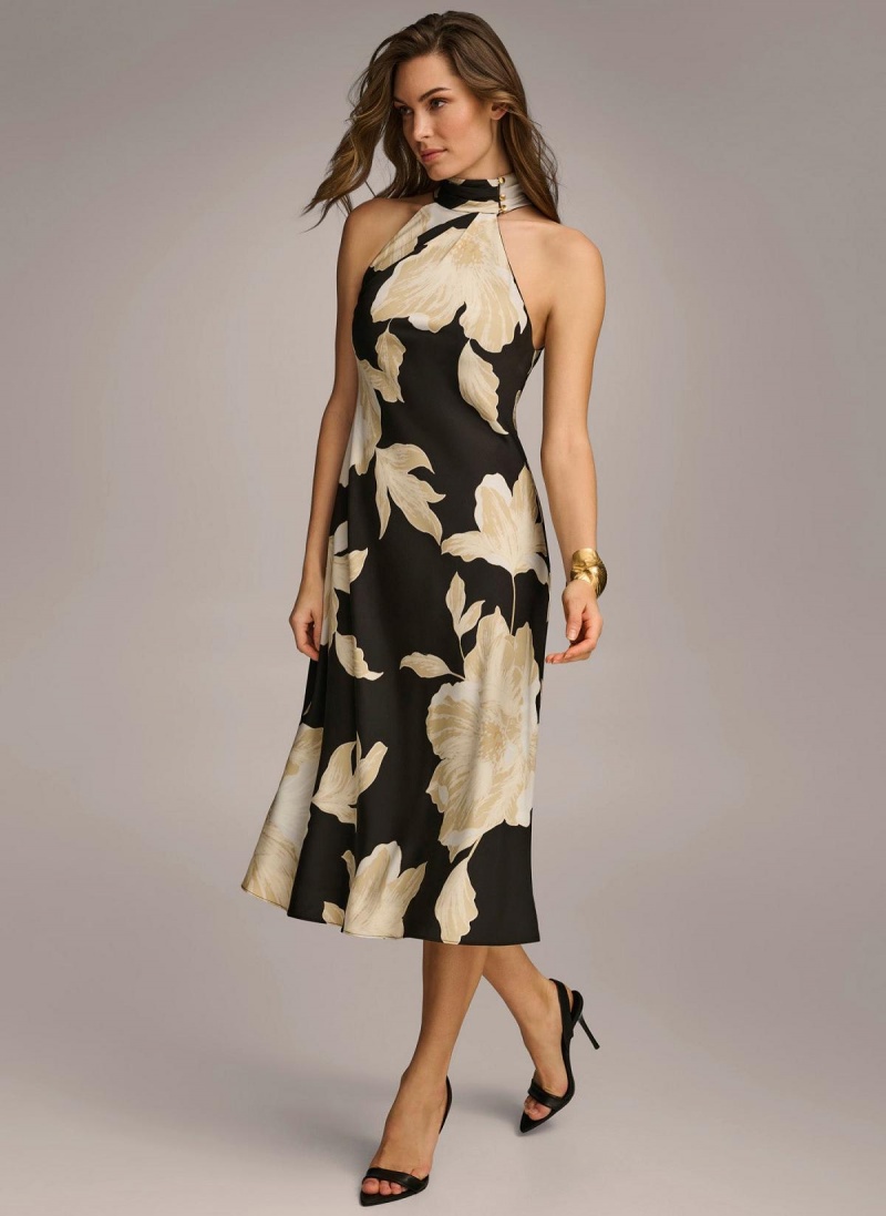 Black / Cream Donna Karan Halter Floral Print Midi Dress | Israel_DK67455