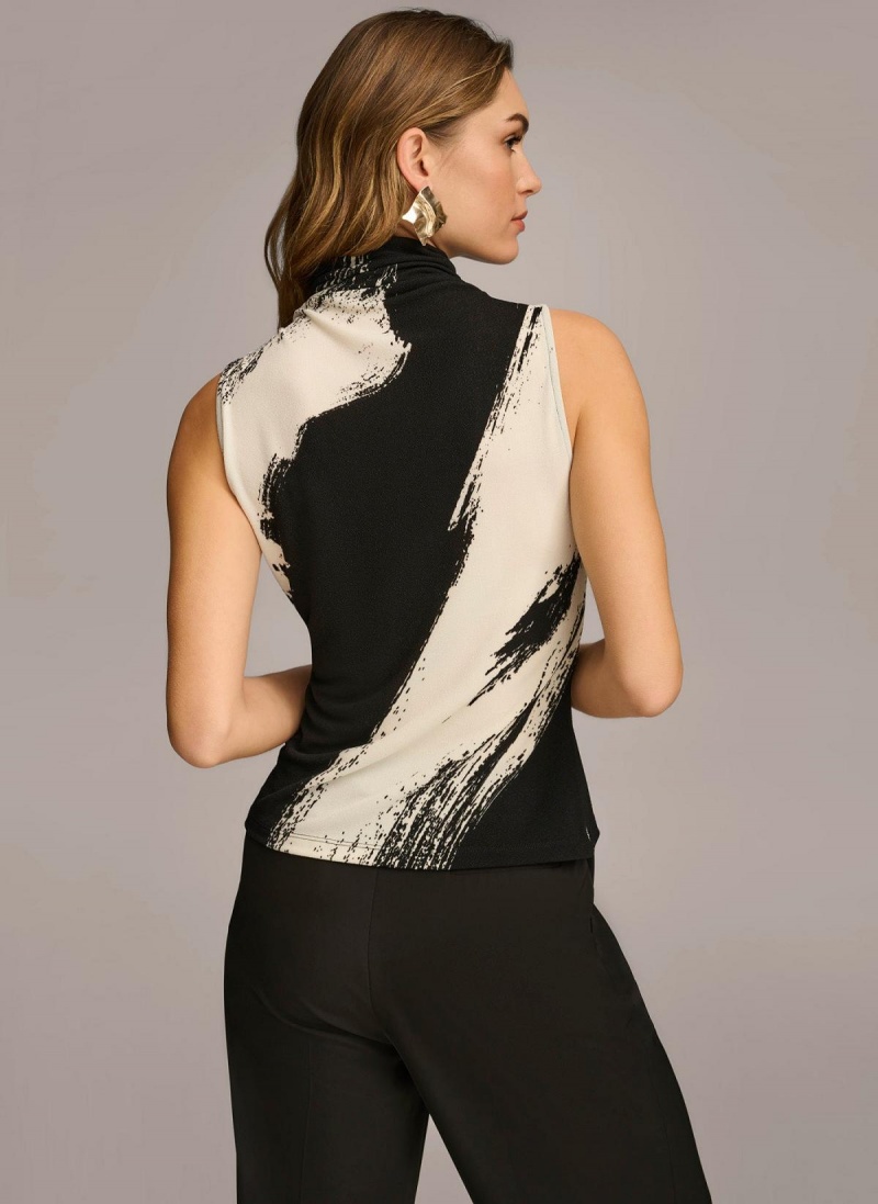 Black / Cream Donna Karan Sleeveless Mockneck Sweaters and Tops | Israel_DK18547