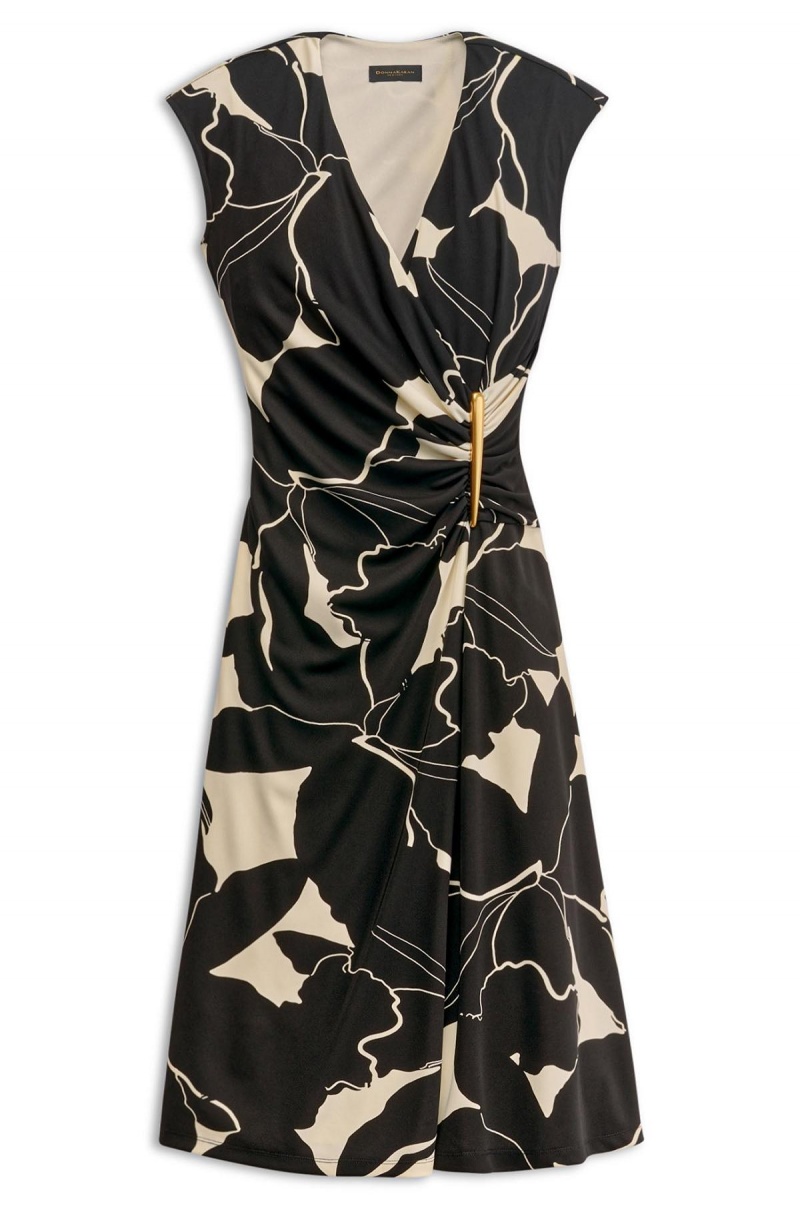 Black / Cream Donna Karan Vneck Midi Dress | Israel_DK42949