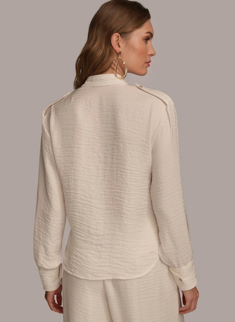 Cream Donna Karan Button Up With Pockets Sweaters and Tops | Israel_DK73103