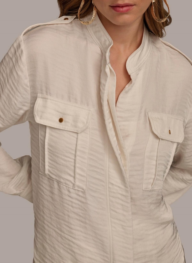 Cream Donna Karan Button Up With Pockets Sweaters and Tops | Israel_DK73103