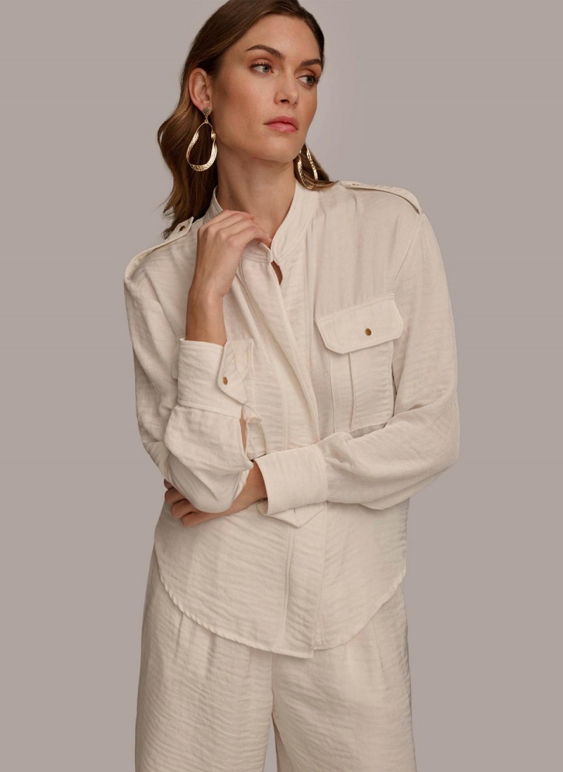 Cream Donna Karan Button Up With Pockets Sweaters and Tops | Israel_DK73103