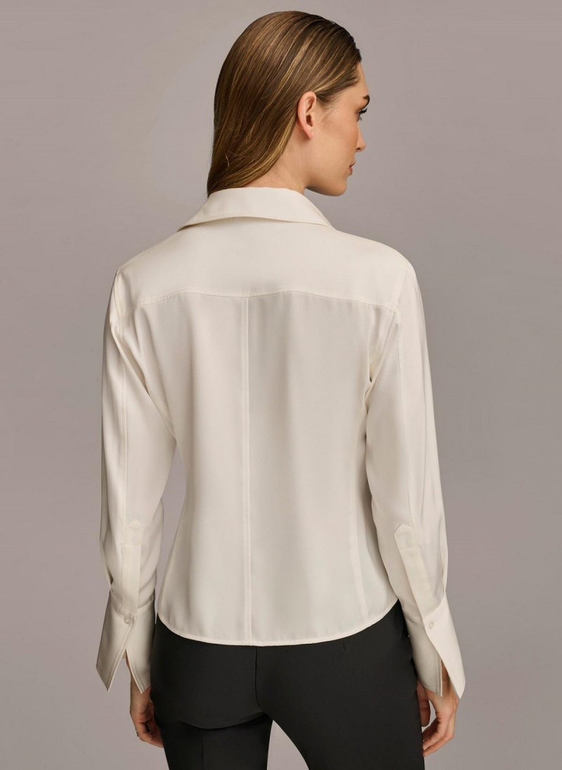 Cream Donna Karan Collared Button Down Blouse Sweaters and Tops | Israel_DK38507