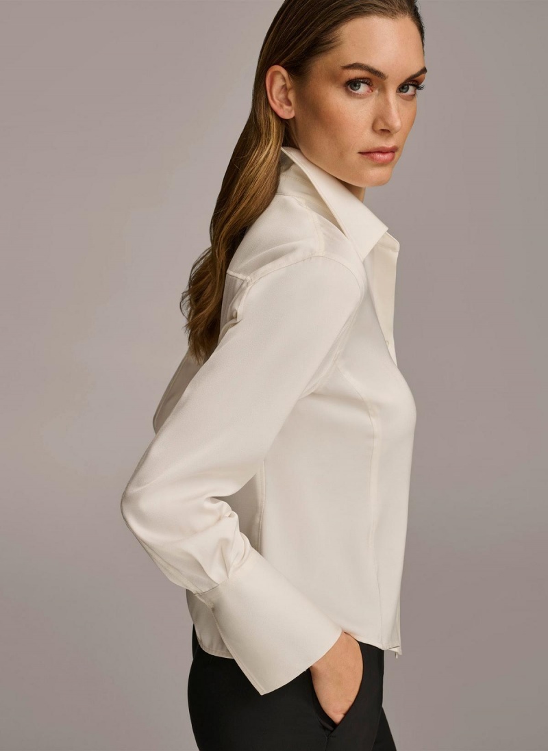 Cream Donna Karan Collared Button Down Blouse Sweaters and Tops | Israel_DK38507