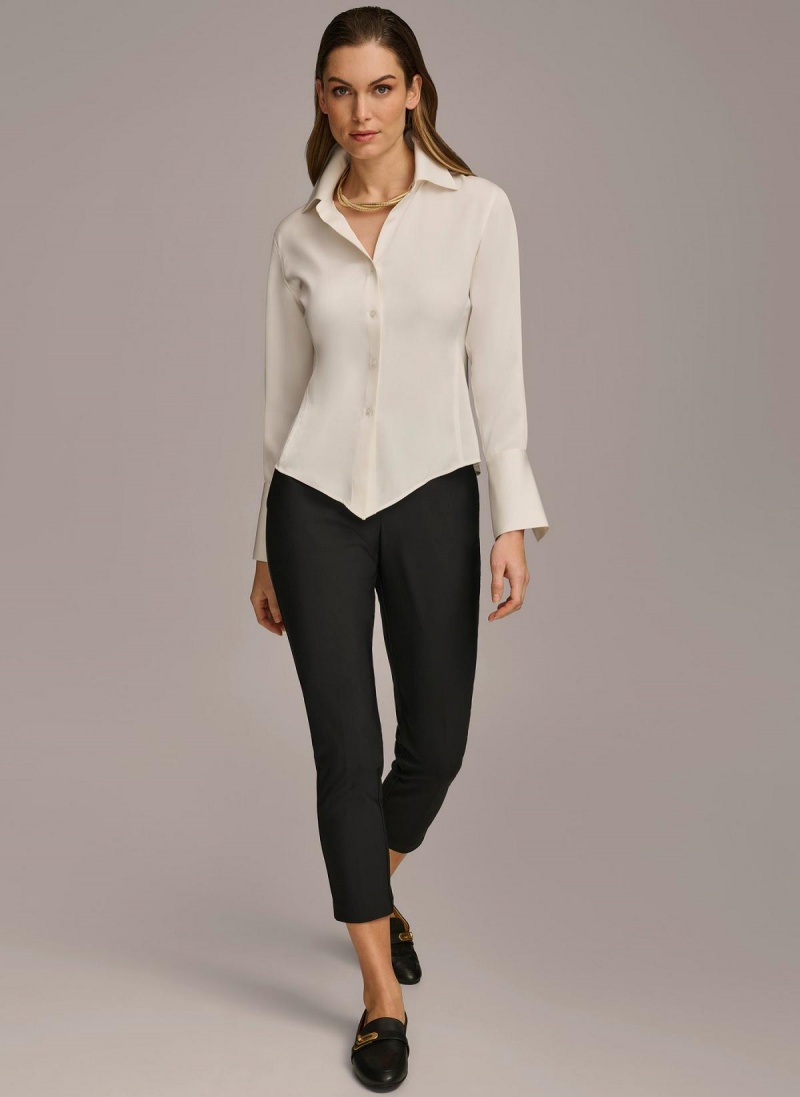 Cream Donna Karan Collared Button Down Blouse Sweaters and Tops | Israel_DK38507