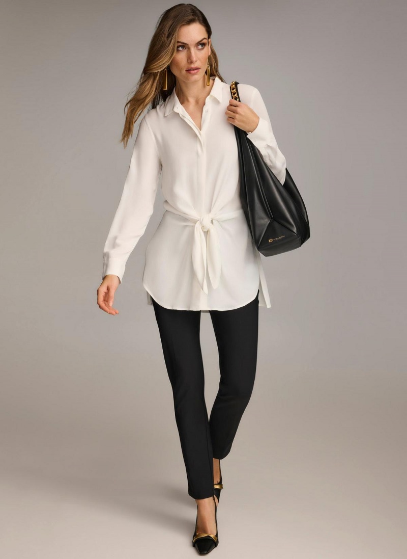 Cream Donna Karan Long Sleeve High-low With Tie At Waist Sweaters and Tops | Israel_DK28946