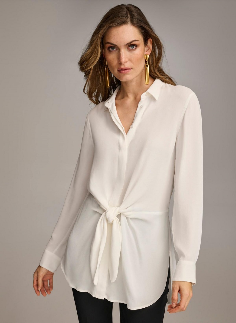 Cream Donna Karan Long Sleeve High-low With Tie At Waist Sweaters and Tops | Israel_DK28946