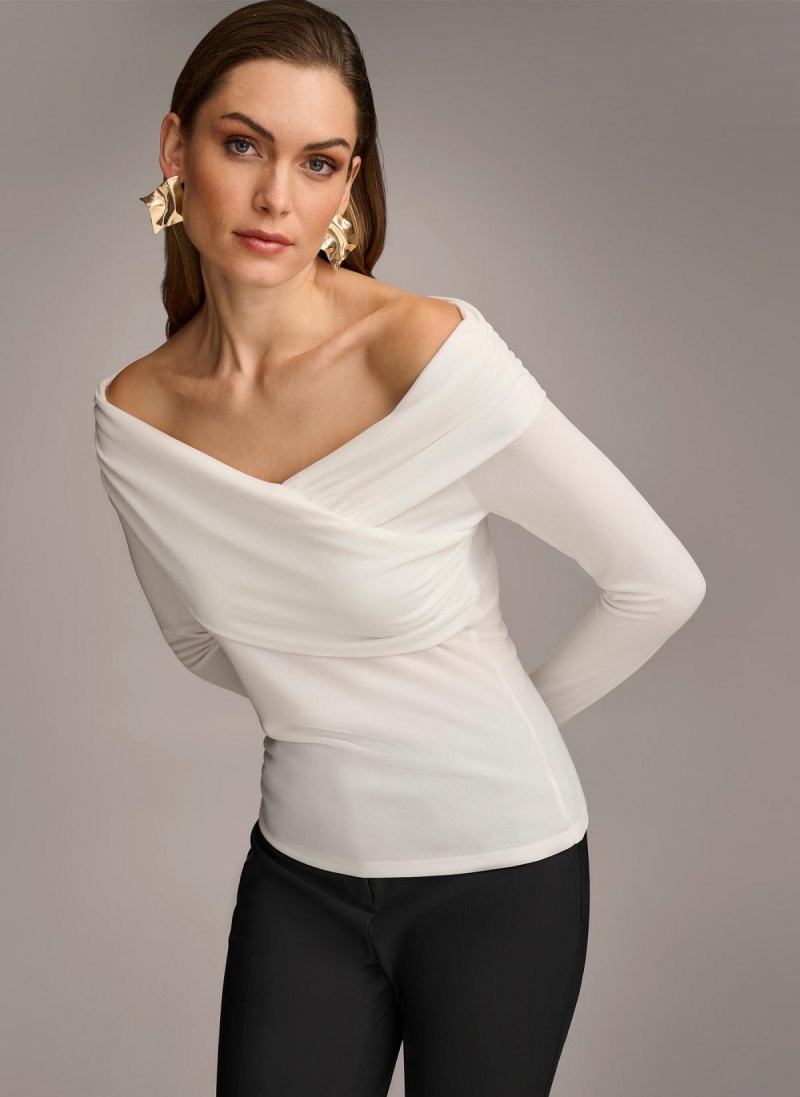 Cream Donna Karan Off Shoulder Wrap Sweaters and Tops | Israel_DK51789