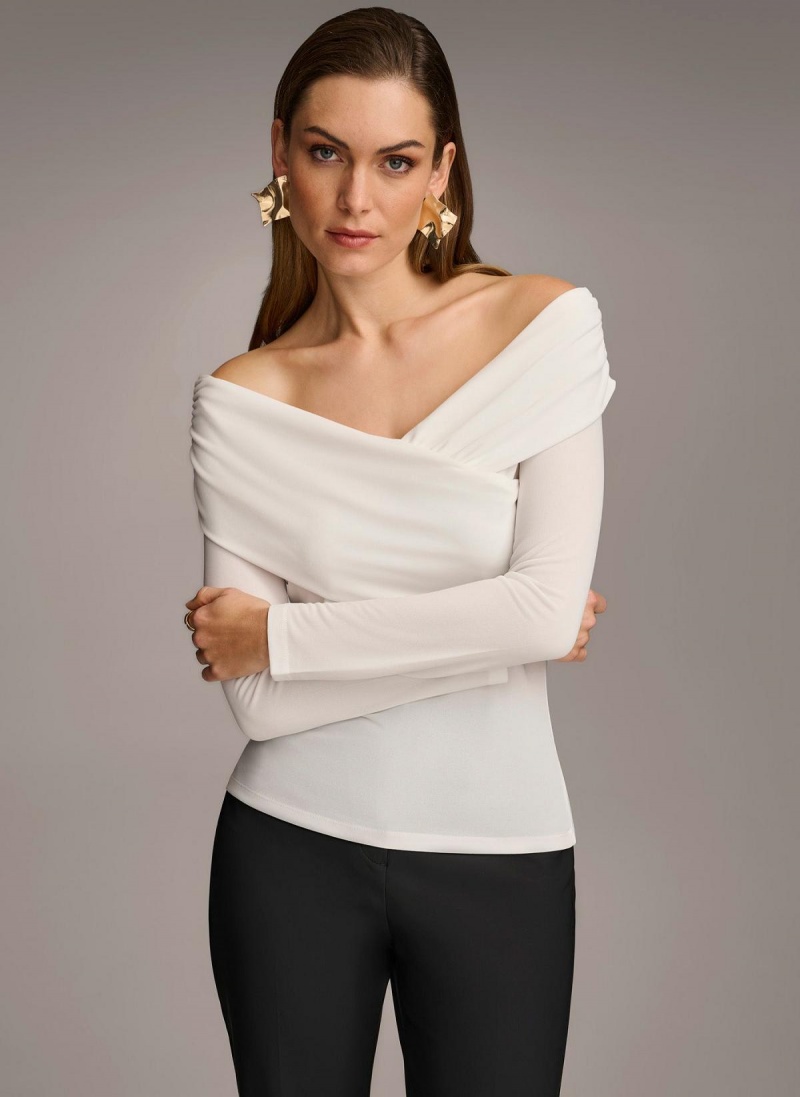 Cream Donna Karan Off Shoulder Wrap Sweaters and Tops | Israel_DK51789