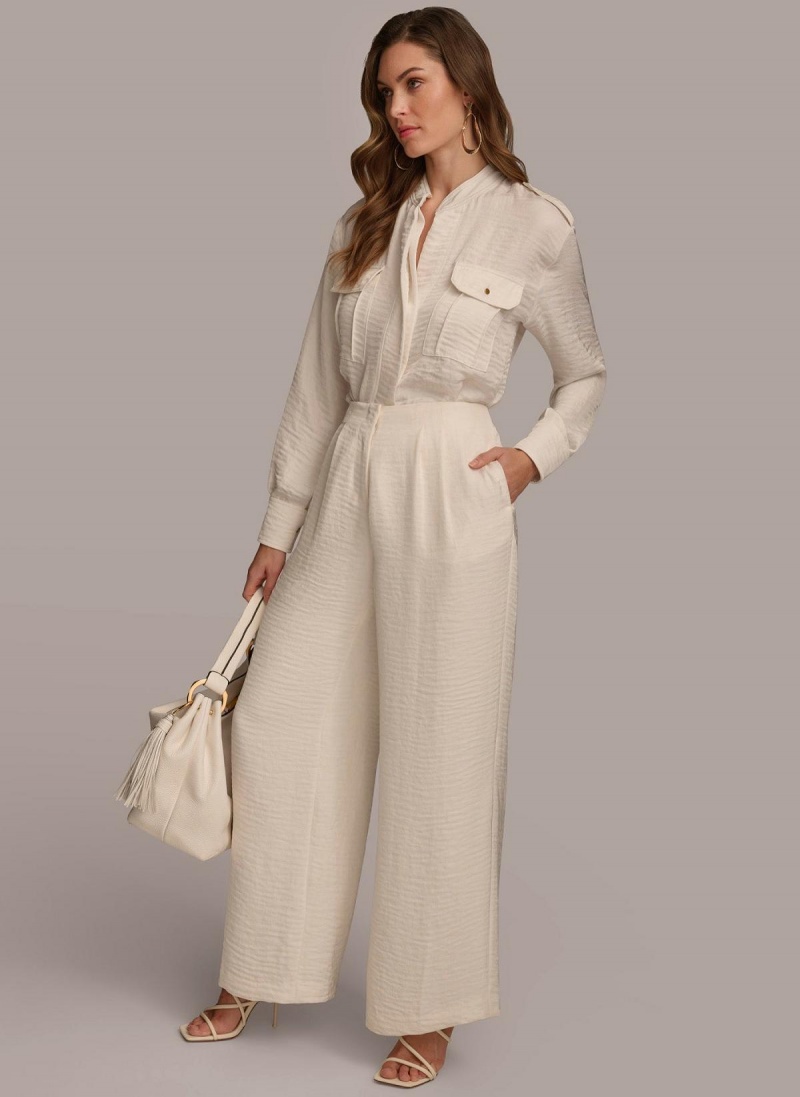 Cream Donna Karan Pleated Wide Leg Pants | Israel_DK13804