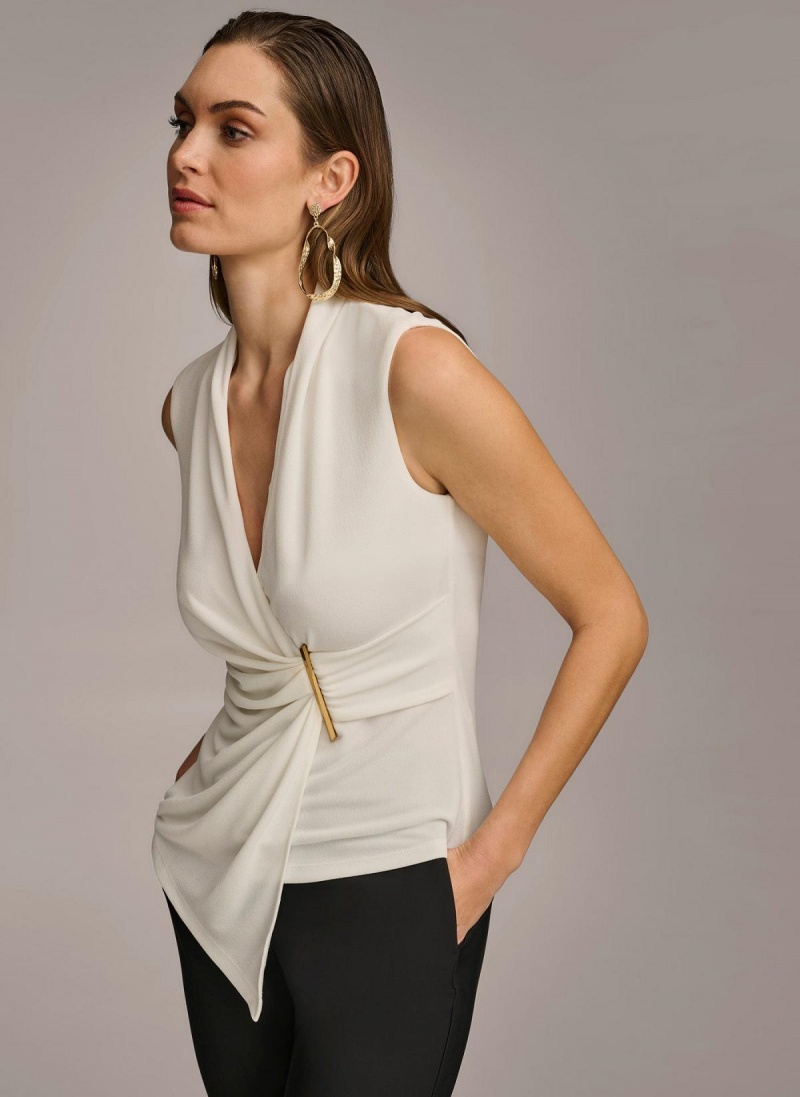 Cream Donna Karan V-neck With Hardware And Ruched Detail Sweaters and Tops | Israel_DK64120