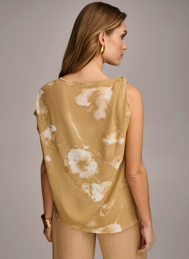 Gold Cream Donna Karan Printed Gathered Hardware Shoulder Sweaters and Tops | Israel_DK89220