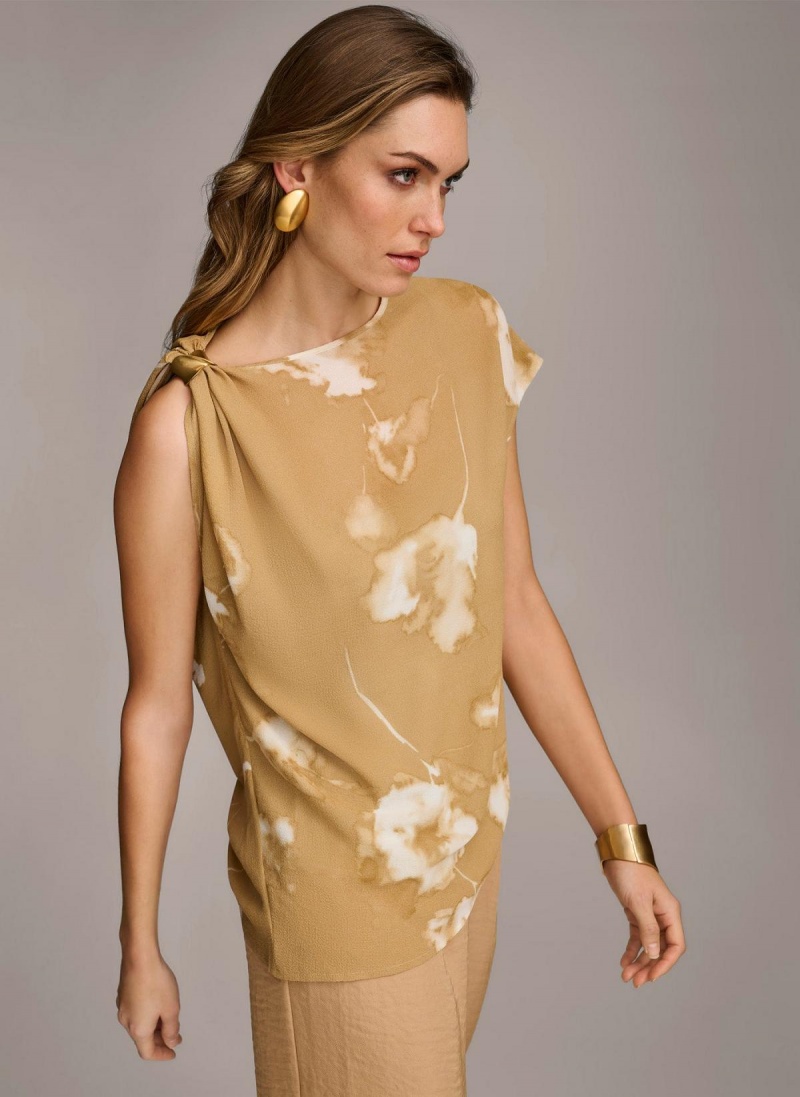 Gold Cream Donna Karan Printed Gathered Hardware Shoulder Sweaters and Tops | Israel_DK89220